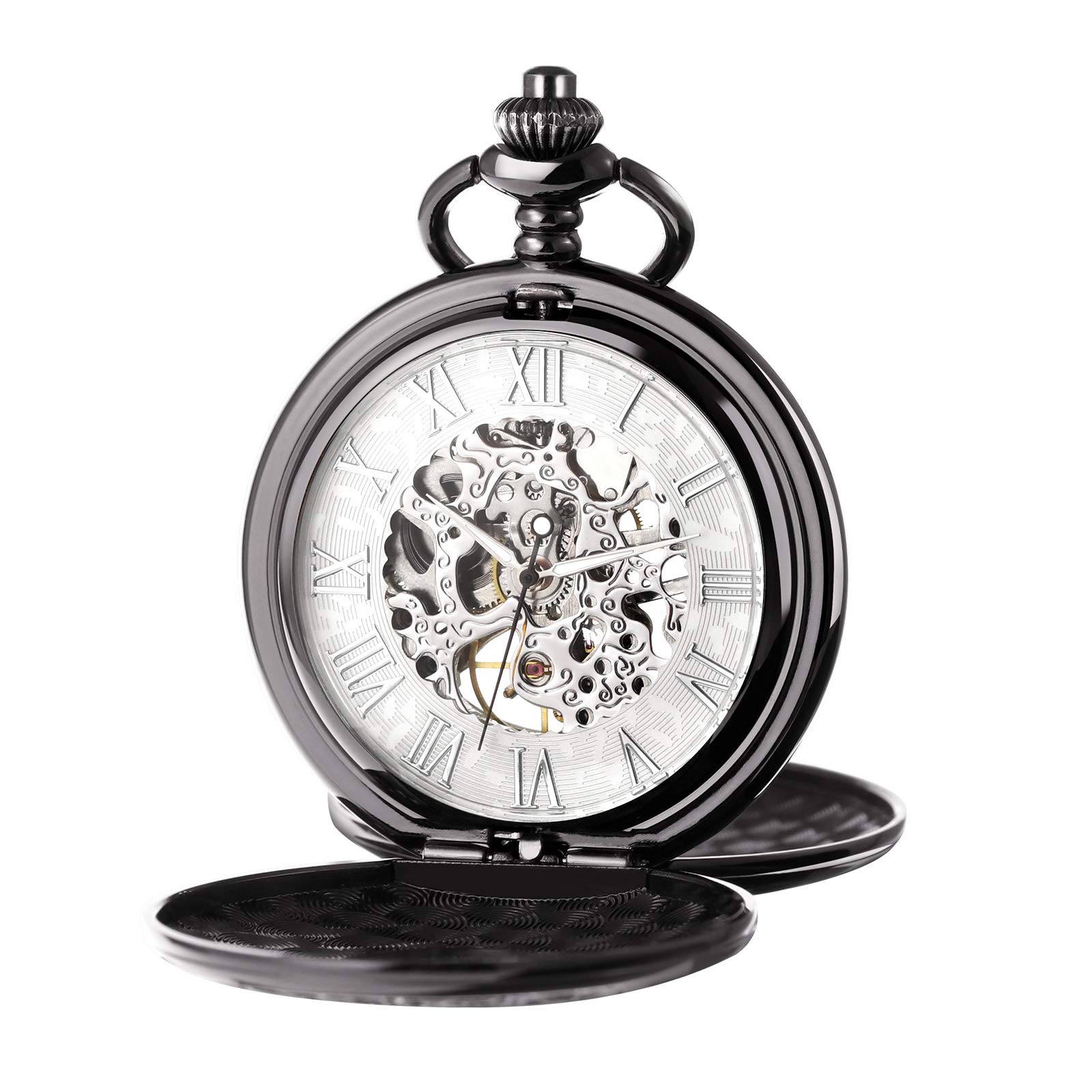 TREEWETO Men's Mechanical Skeleton Pocket Watch for Mens Women Roman Numerals Dial Black Tone Double Case Pocket Watches