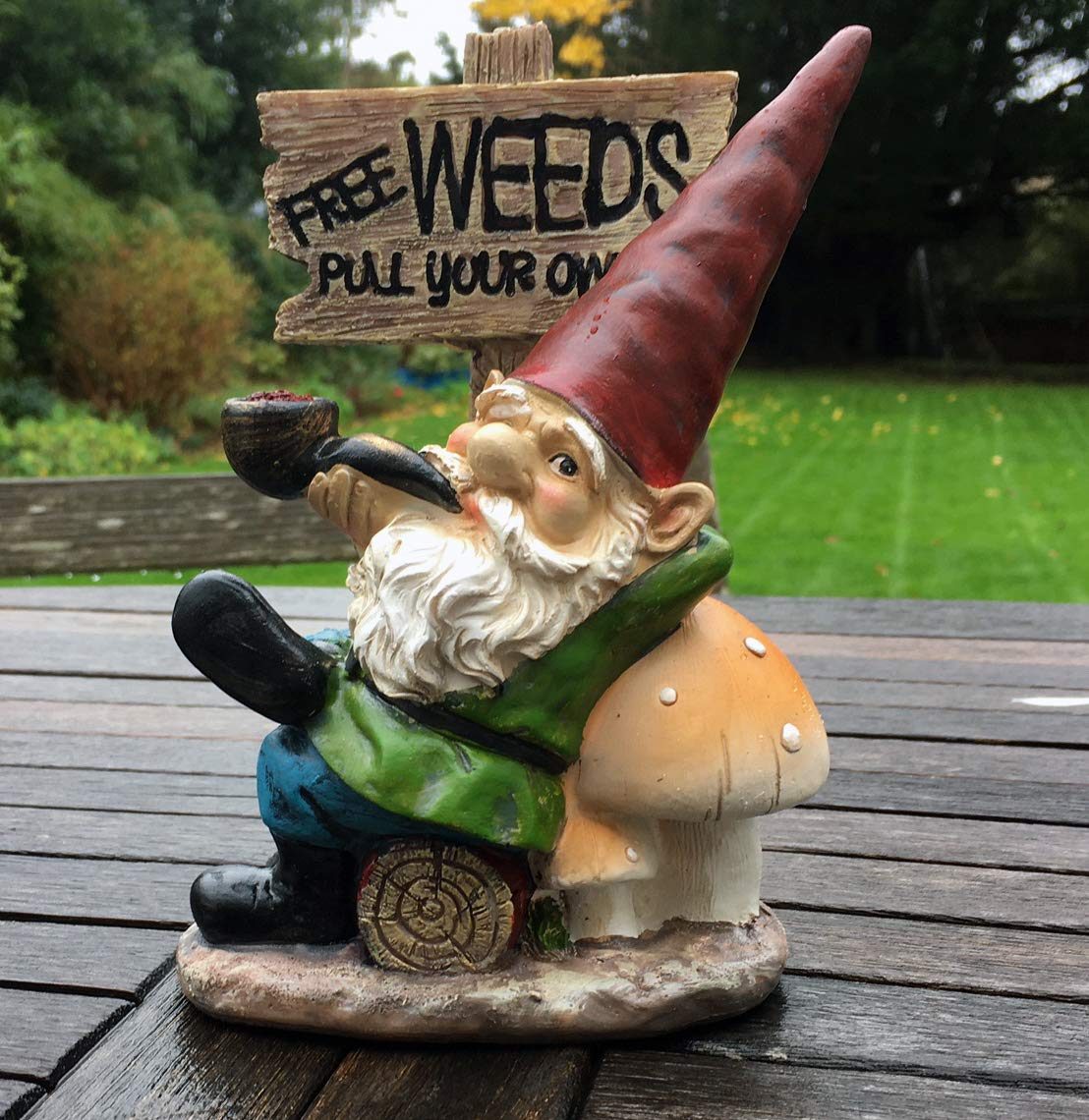 FHFY Garden Wesley the Weeder Traditional Gnome Garden 20 cm High Holding Free Weeds Pull Your Own Sign