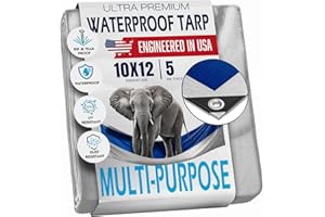 KING-A-MA-JIGS 10x12 Tarp Waterproof Plastic Tarp - Grommets Every 18 Inches - 5 Mil - Multipurpose Water Proof Cover for Rain, Outdoor, Garden, Camping, Emergency Survival (Reversible Tarpaulin, Blue and Silver)
