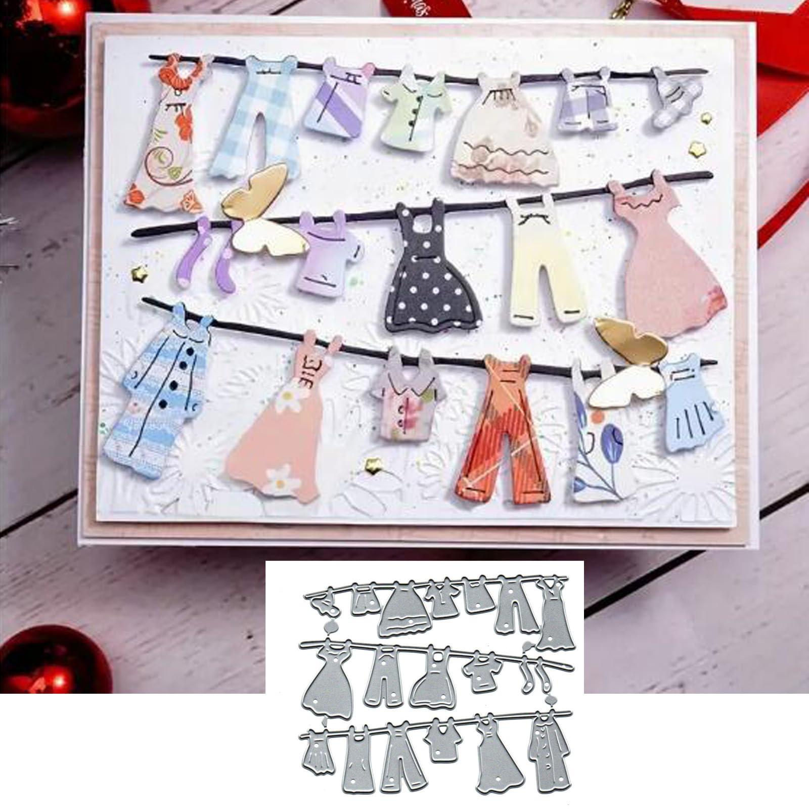 Clothesline Hanging Clothes Metal Die Cuts,Clothes Dress Cutting Dies Cut Stencils for DIY Invitation Card Scrapbooking Album Decorative Embossing Paper Dies Card Making