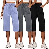 Neer 3 Pack Capri Pants for Women Cotton High Waisted Wide Leg Cropped Trousers Drawstring Ruffled Palazzo with Pockets