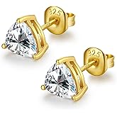 JiaYangJY Sterling Silver Triangle CZ Diamond Stud Earrings for Women Men 18K Gold Plated 3 Prong Trillion Cut Fake Diamond Earring