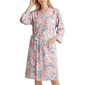 Gihuo Cotton Robes for Women Kimono Gauze Bathrobe Sleepwear Yukata | Lightweight Cotton Bathrobe,Floral Sauna Loungewear,Cot