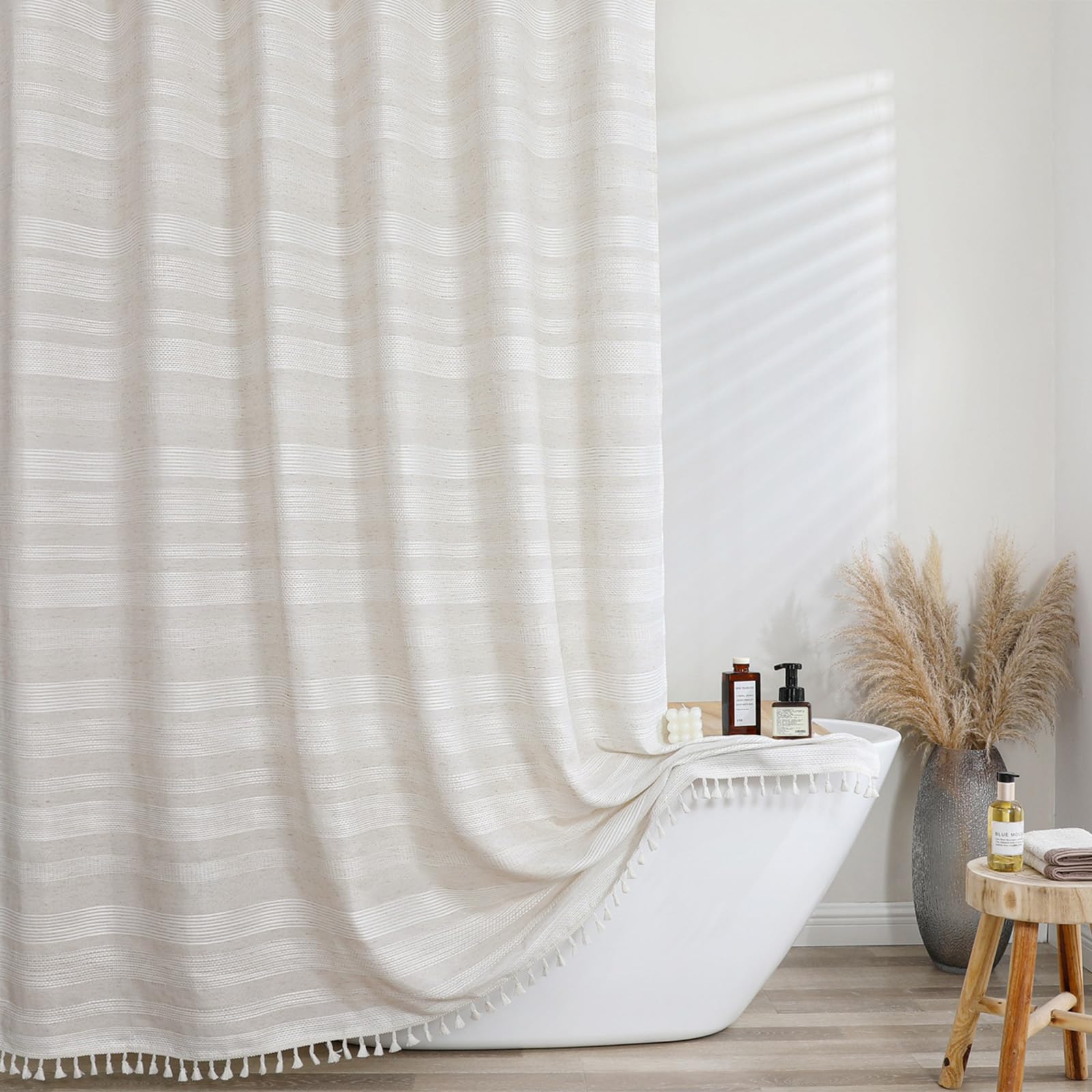 Photo 1 of (BAGGED) (USED/FAIR) OVZME Extra Long Linen Shower Curtain - 84 Inch Long, Modern Farmhouse Heavy Duty Textured Soft Fabric, Rustic Country Boho Cloth Shower Curtain with Tassel for Bathroom Hotel, 72Wx84L Inches