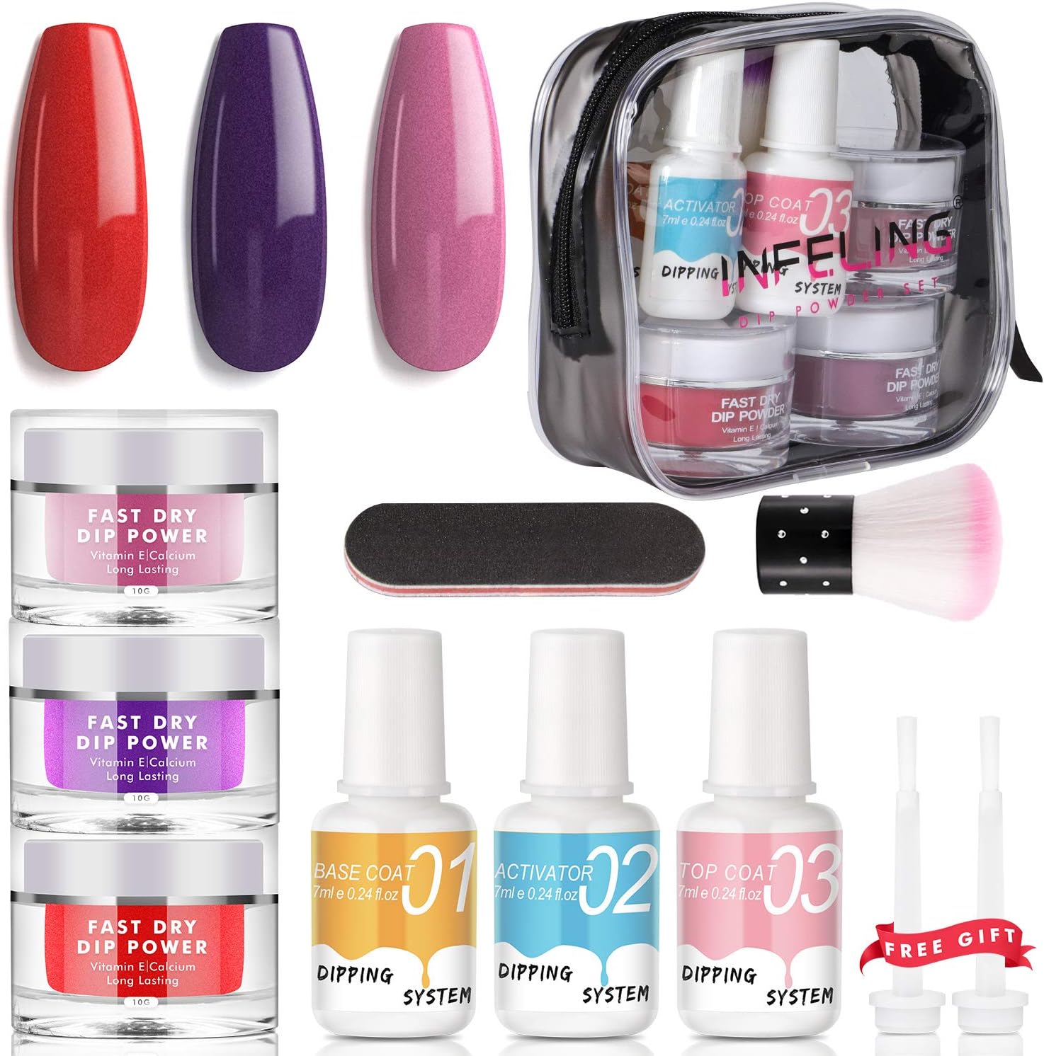 Nail Dipping Powder Kit - 1s Fast Dry Dip Nail Powder System Starter Kit 3 Colors Dip Powder Nail Kit Acrylic Dip Powder Set INFELING French Nail Manicure Nail Art Set No UV/LED Lamp Needed with Bag