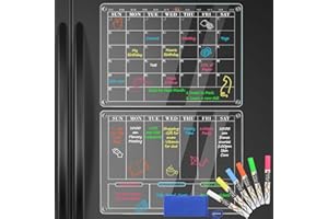 POPRUN Magnetic Clear Acrylic Calendar for Fridge, Dry Erase Calendar, Monthly & Weekly Planner Set of 2, Reusable Planning Boards Includes 6 Colorful Highlight Chalk Markers and 1 Wipe