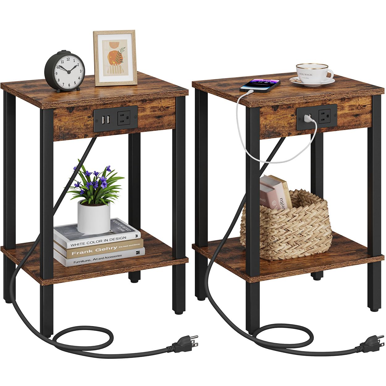 Photo 1 of VIMBER Set of 2 End Table with Charging Station, Narrow Side Table with USB Ports and Outlets, Nightstands with 2-Tier Storage Shelves, Sofa Table for Small Space Living Room Bedroom