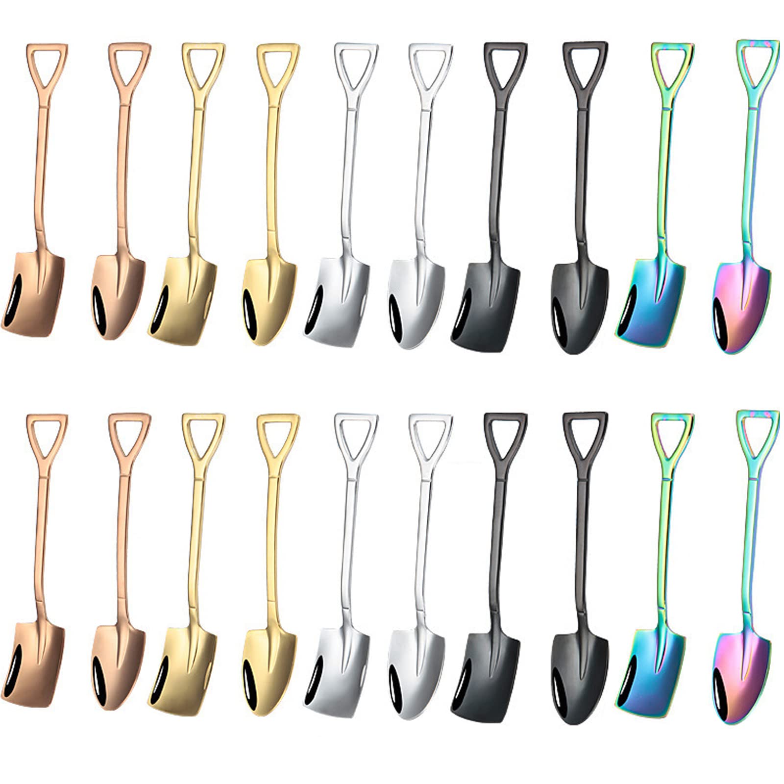 Pack of 20 Shovel Shaped Creative Spoons, Stainless Steel Coffee Spoons, Suitable for Afternoon Tea, Bars, Cafes (Colourful)