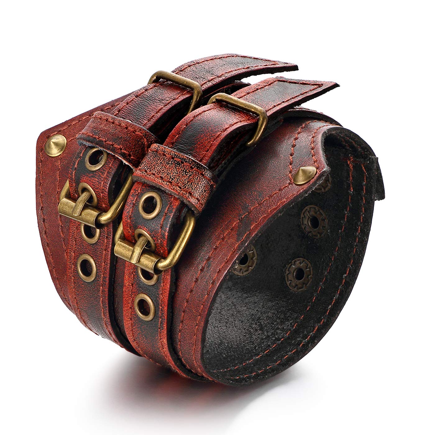 JewelryWe Men's Wide Leather Belt Leather Buckle Punk Rock Bracelet Cuff Adjustable