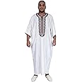 Moroccan Men Kaftan Handmade Thobe Long Gown White With Delicate Burgundy Embroidery