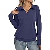 TICTICMISS Womens Polo Shirts Long Sleeve Banded Bottom Tops Business Casual Tops Collared V Neck Blouses