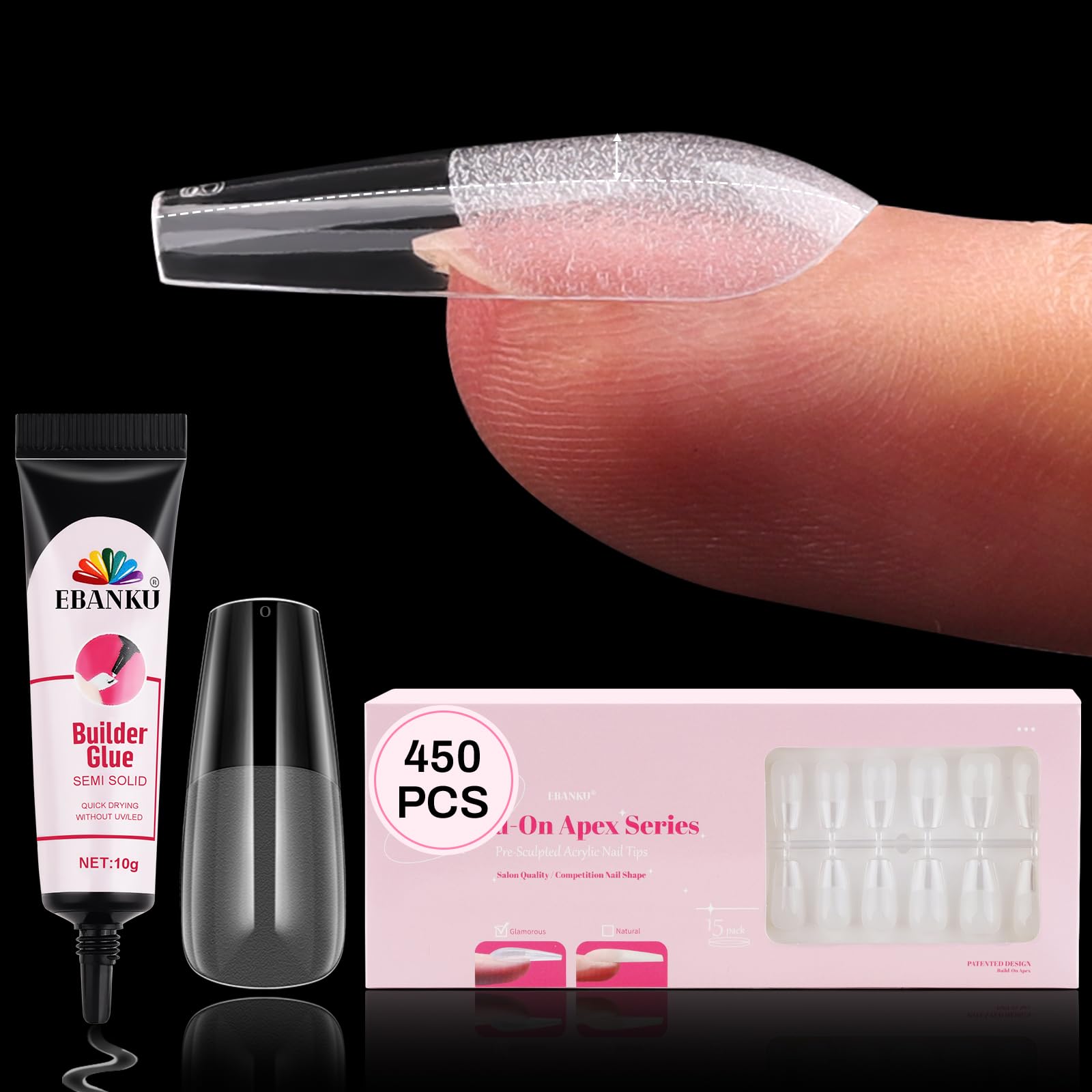 Photo 1 of 450 PCS Build on Apex Glamorous Nail Tips, EBANKU Pre-Building Clear Nail Tips Medium Coffin Acrylic Full Cover Nails with Builder Glue Thicker Press on Nails for Flat Nails