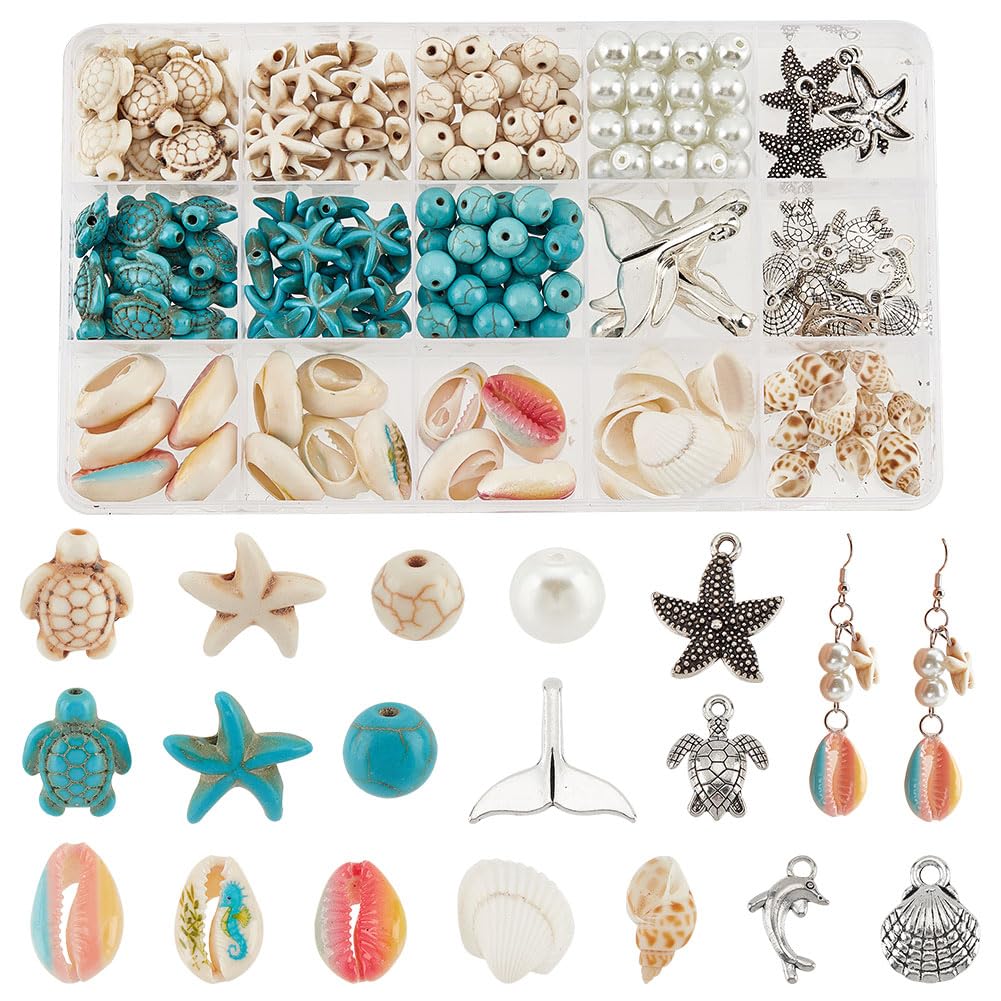 PH PandaHall 15 Styles Oceans Jewellery Making Kit 208pcs Shell Beach Beads Starfish Pendants Tortoise Charms Sea Animal Beads for Summer Seaside Bracelets Earrings DIY Jewellery Making Home Decor