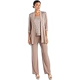 R&M Richards Women's 2-Piece Glitter Lace Pantsuit - Elegant Mock Jacket & Straight Leg Pants Dressy Formal Set