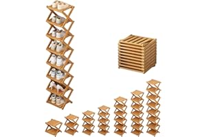 Bamboo Shoe Rack Organizer, 2-10 Tier, Foldable Vertical Shoe Organizer for Small Spaces, Narrow Storage Shelf for Entryway, 