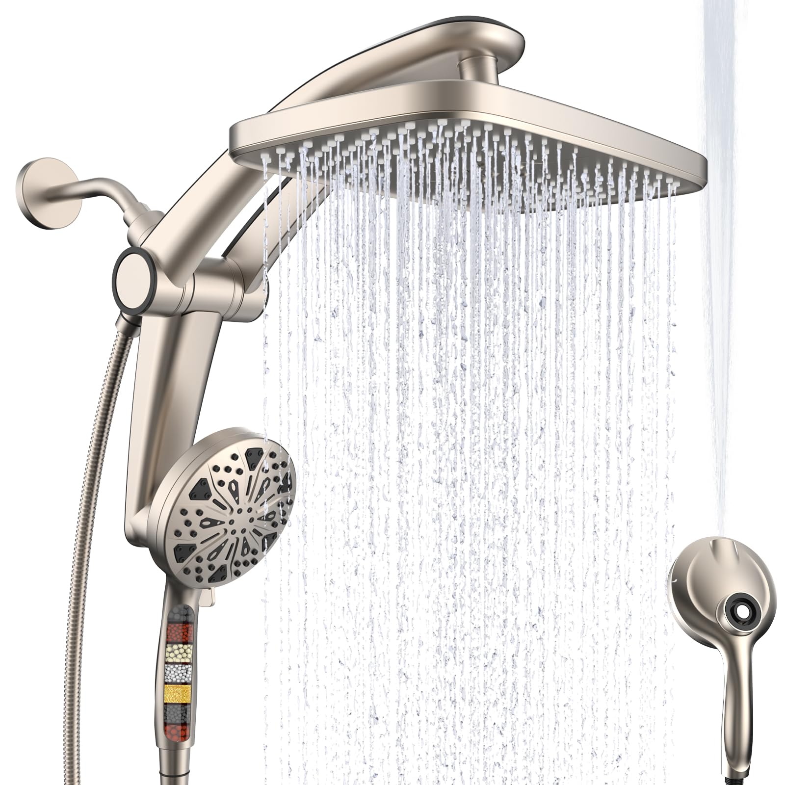 Rain Shower Head with Handheld High Pressure rainfall Shower Heads with Handheld Spray Combo Adjustable one-piece stand daul shower head Built-in Magnetic Docking and Power Jets Image