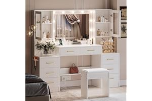 TOKSOM White Vanity Desk with Mirror, Lights & Charging Station, 58.3" 3 Lighting Modes Makeup Desk with 8 Drawers, 2 Cabinets and Lots Storage, Dressing Table Vanity Set with Lighted Mirror