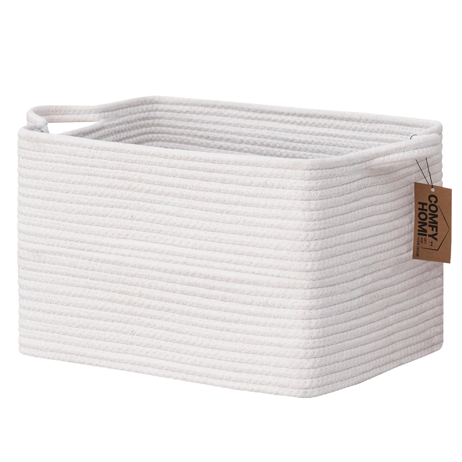 Photo 1 of COMFY-HOMI Cotton Rope Woven Basket with Handles for Shelves,Toys,Book, Cloth Storage Baskets Bin for Organizing-13.5"x11"x9.5" Toy Decorative Organizer for Living Room, Bathroom-All White