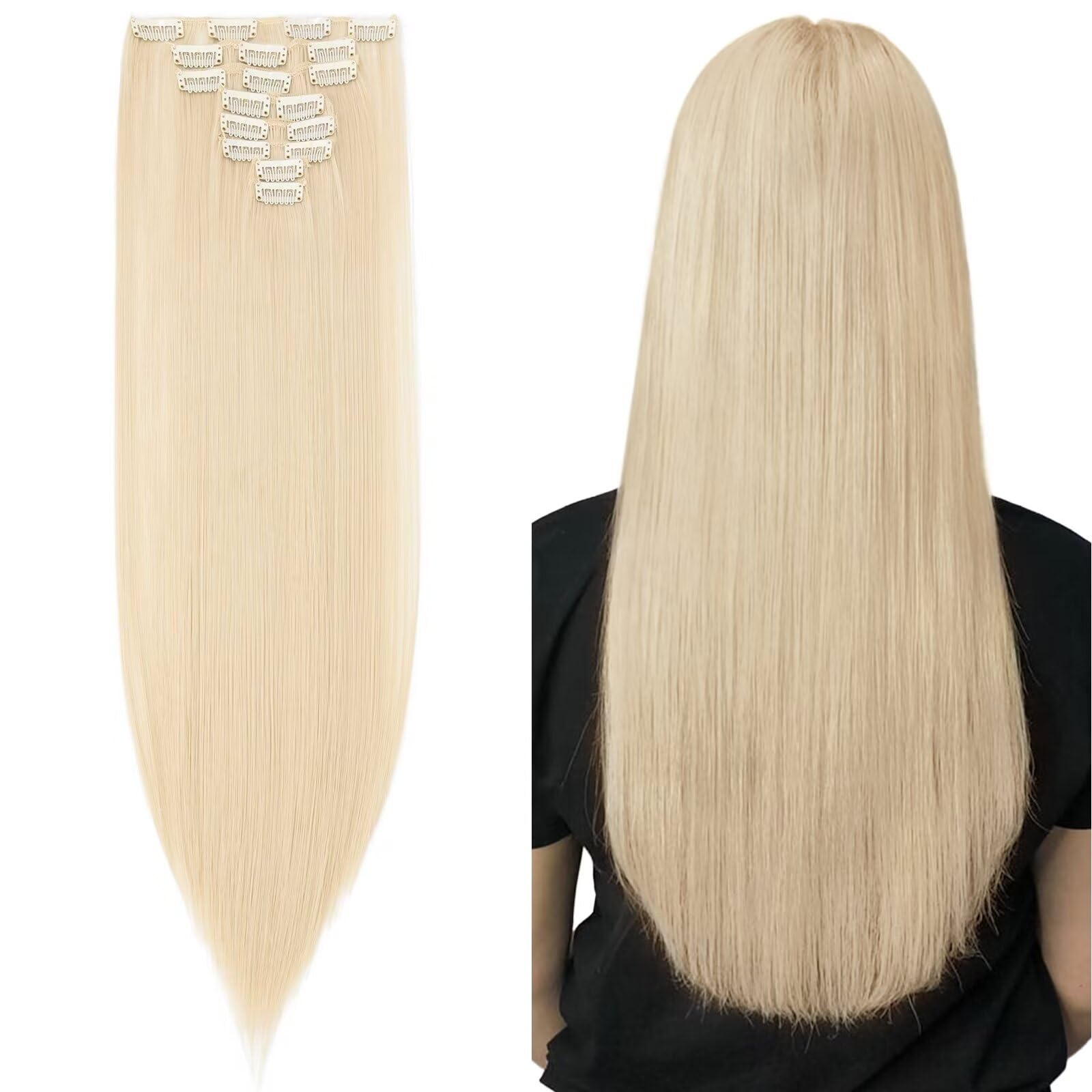 26 inch Long Straight Blonde Hairpiece Extension 8pcs Clip in Hair Extensions Hair Pieces 100% Synthetic For Full Head[Bleach Blond] — image 1