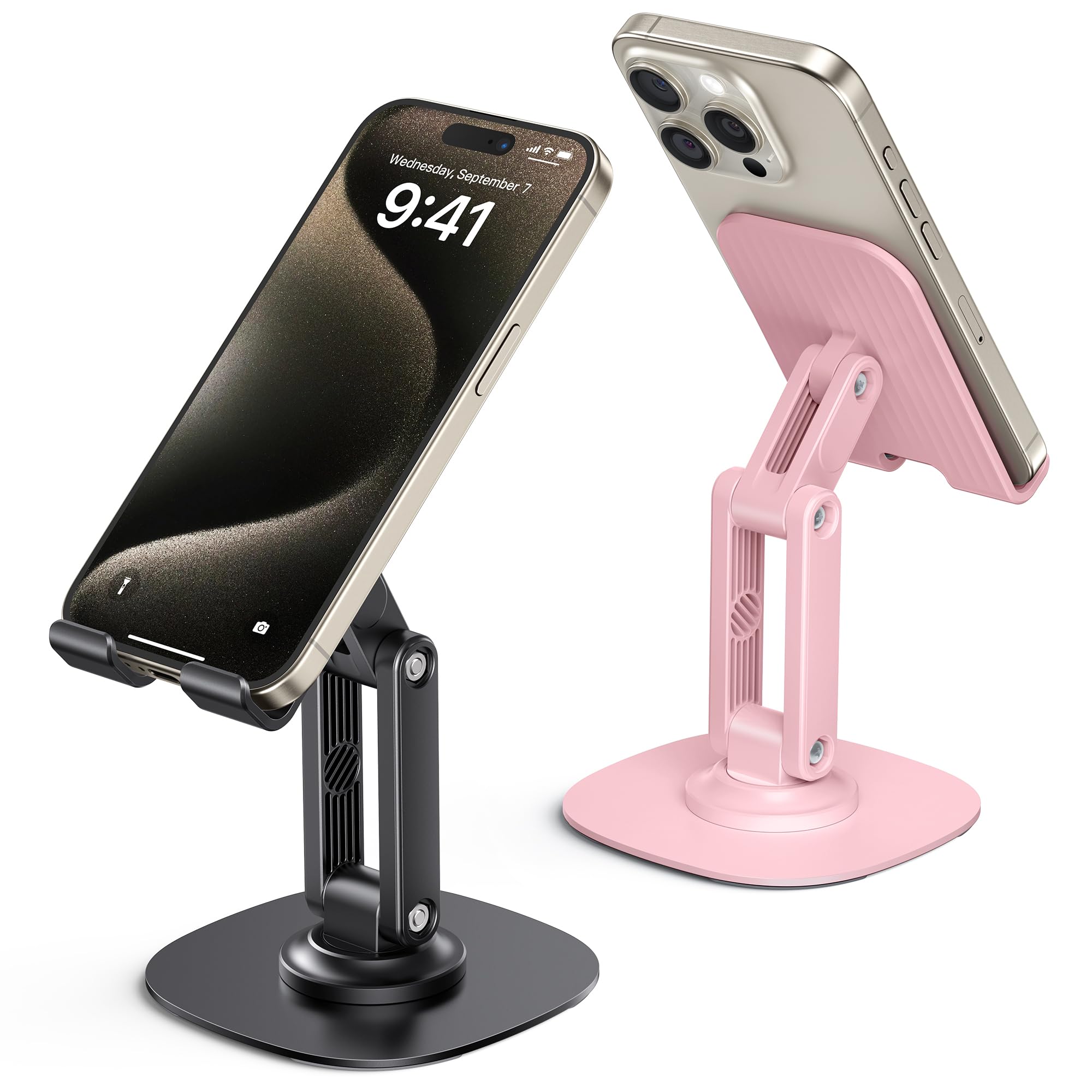 OMOTON Phone Stand, 2Packs Mobile Phone Stands Phone Holders for Desk Bed Filming, Desktop Phone Stand Cradle Dock Holder Compatible for All iPhone and Android Smartphone, Rose Gold + Black