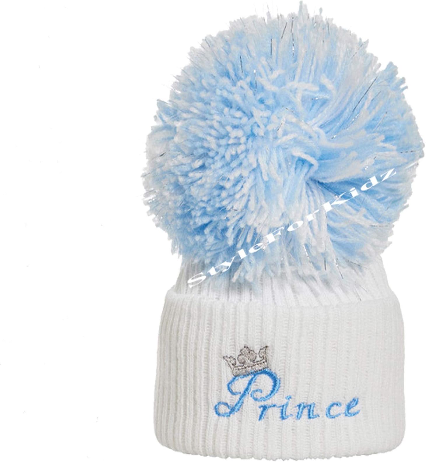 Soho FashionsLuxury British Made Baby Boy Full Blue White/Blue Prince Silver Pom Cute Decorative Frilly Knitted Pom Pom Newborn Baby Hats