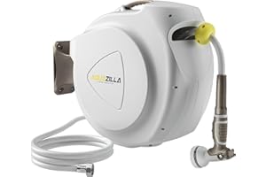 AQUAZILLA Retractable Garden Hose Reel, 5/8 in 65+6 ft, Heavy Duty Wall Mounted Water Hose Reel, Spring Power Automatic Rewind, Any Length Lock, 180° Swivel Bracket, 10 Pattern Spray Nozzle