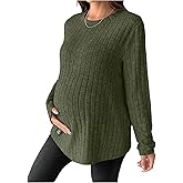 MakeMeChic Women's Maternity Shirts Crew Neck Rib Knit Long Sleeve Pregnancy Tops