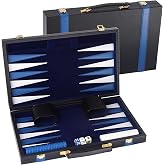 GSE Premium Leather Backgammon Board Game Set, Black&amp;Blue, Medium | Folding Backgammon Board, Leather Backgammon Case, Classic Board Strategy Game, For Kids &amp; Adults