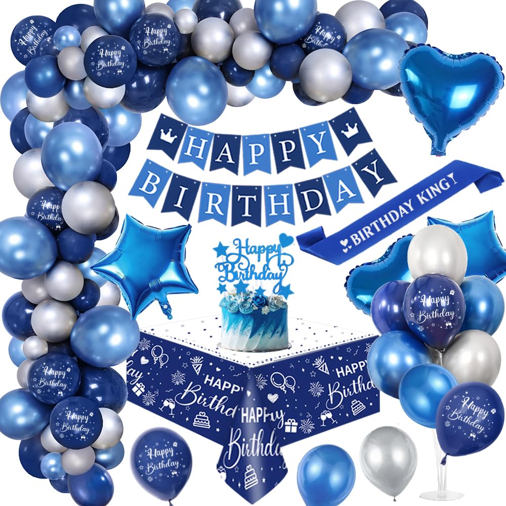 Birthday Party Decorations Men,Royal Blue Balloon Arch Kit with Happy Birthday Banner,Cake Topper,Tablecloth,Foil Confetti Balloon,Birthday Sash,Chrome Blue Silver Birthday Party Decor