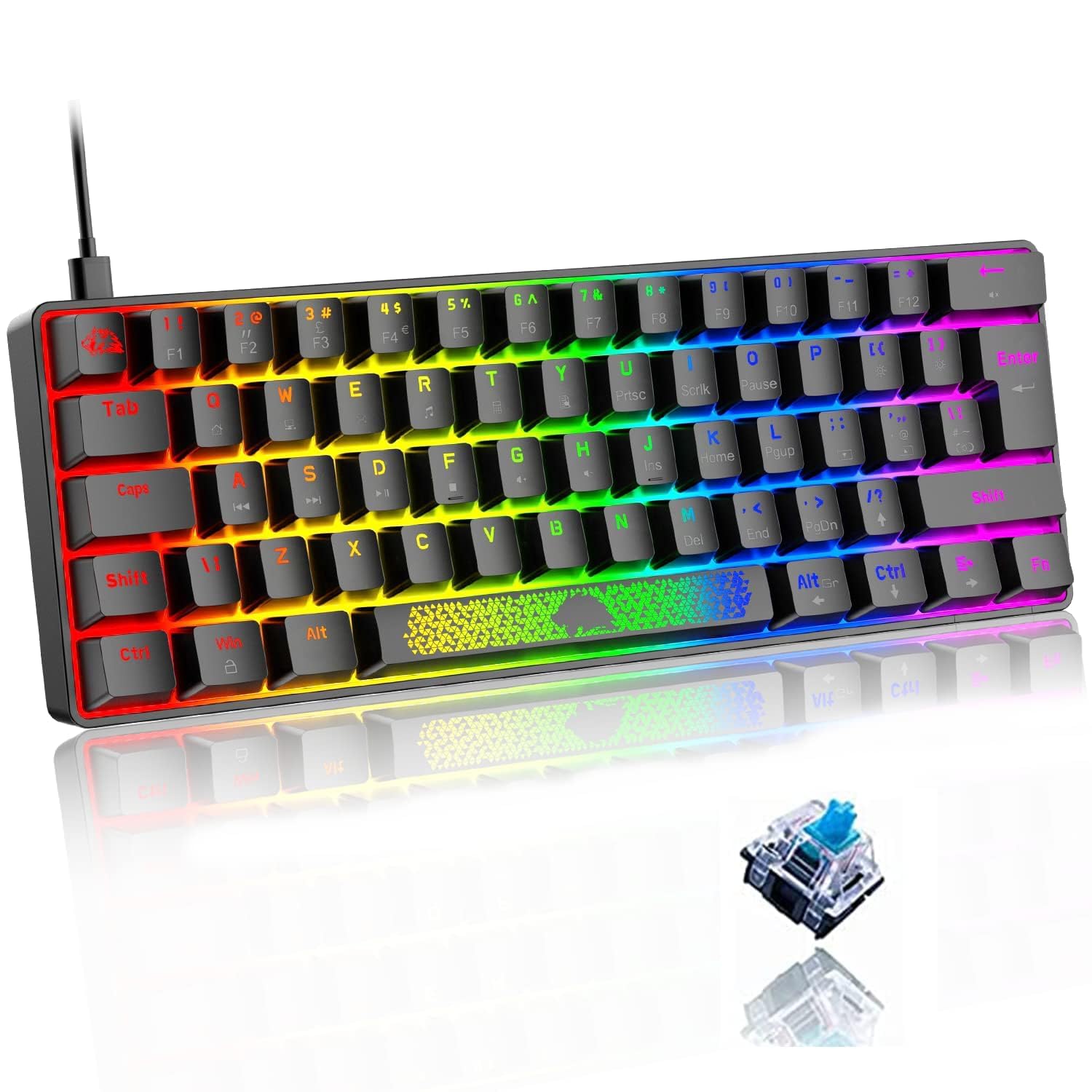 LEAVEN 60% Compact Type C - Usb Wired Mechanical Keyboard UK, Blue Switch, RGB Backlit Rainbow LED, Anti-Ghosting, Media Keys, Laser Carving, Ergonomic Aesthetic, for Computer PC Lapto - Black