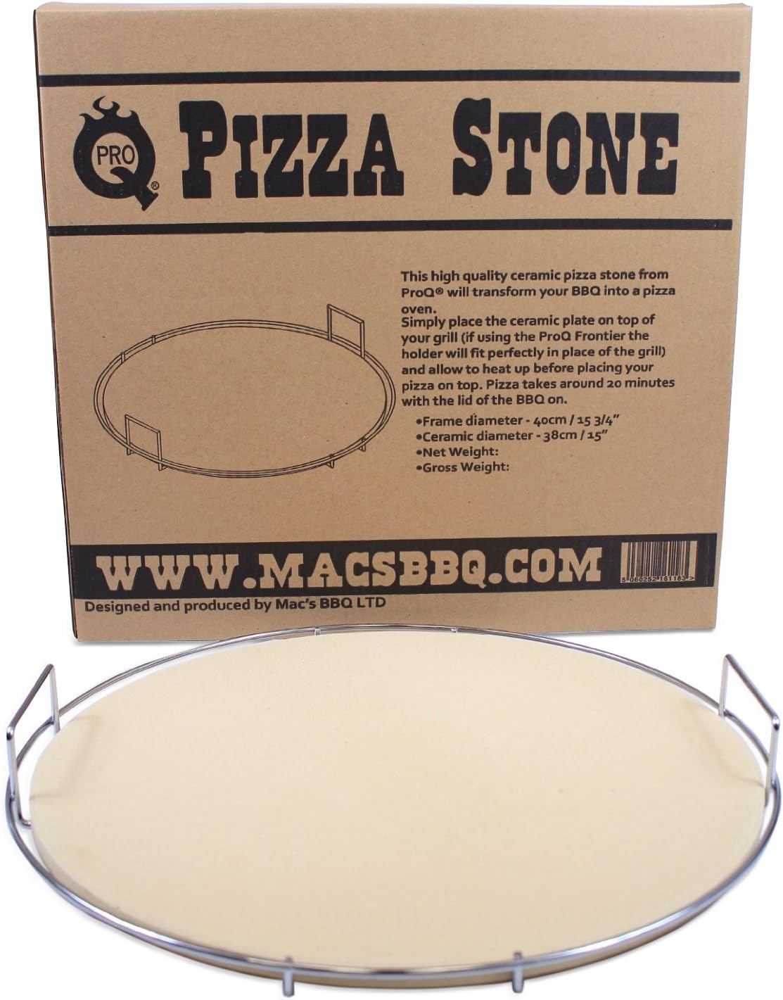 ProQPizza Stone for BBQ & Oven (38 cm) with Stainless Steel Carry Rack โ Ceramic Pizza Baking Stone