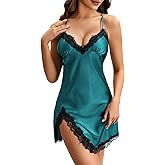 Vrtige Women's Sexy Satin Silky Nightgown Lace Trim Strappy Babydoll Chemise Nightdress Full Slip Teal Blue Large