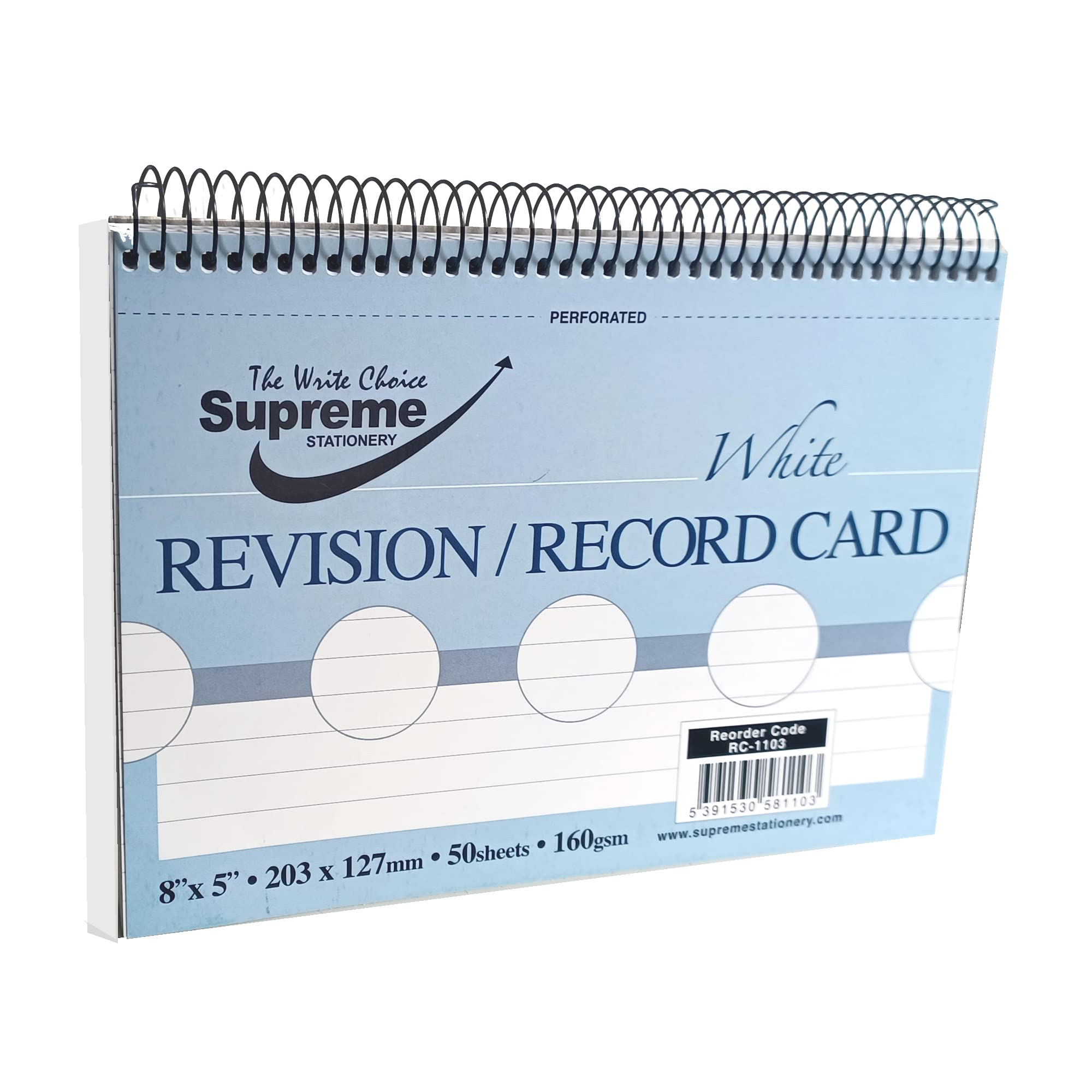 Record Ruled White Card Perforated 160gsm 50 White Sheets - 8" x 5" Spiral Revision Cards - Pack of 3
