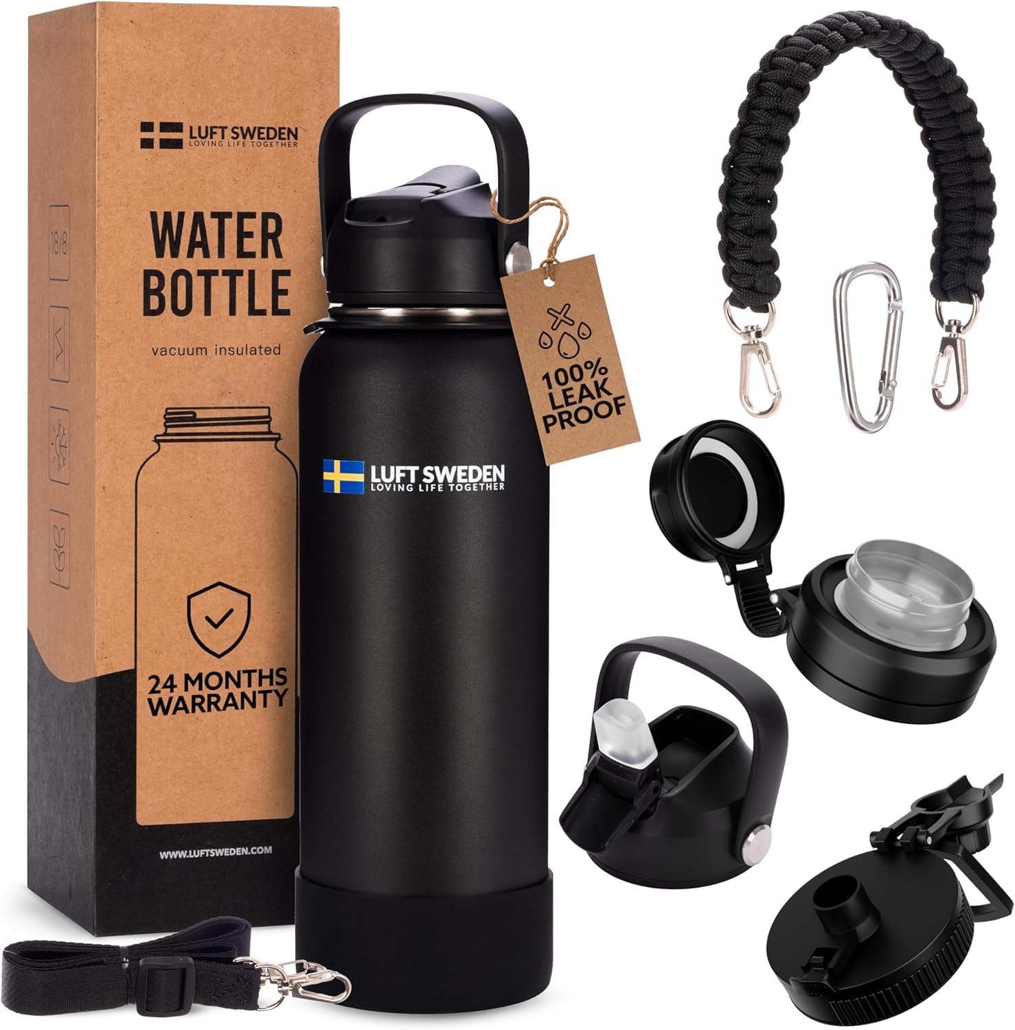 Photo 1 of LUFT SWEDEN Stainless Steel Water Bottle – 40 oz Reusable Insulated Gym Bottle with Straw Lid | Leakproof, Dishwasher Safe, Double Wall Thermos for Cold Drinks – Matte Black