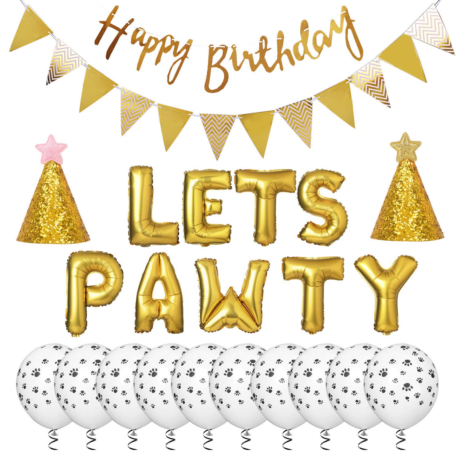 Legendog Dog Birthday Party Supplies Dog Paw Print Balloons Cat Birthday Hat Happy Birthday Banner Foil Balloons Lets Pawty Letters Balloons Decorations