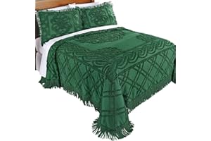 Collections Etc Elegant Chenille Plaid and Twisted Rope Patterned Bedspread with Classic Fringe Border, Green, Queen