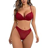 AOKIYURI Sexy Mesh Sheer Push Up Lingerie Set for Women Bra and Panty 2 Piece