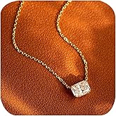 14K Gold Plated Simple Square Faux Diamond CZ Solitaire Pendant Halo Necklace AAA Cubic Zirconia Princess-Cut Cute Choker Necklaces for Women Jewelry Dainty Gift