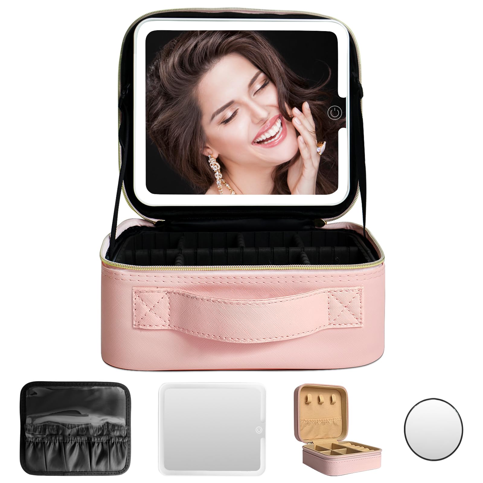 WITFAMILY Travel Makeup Bag with 3 Setting Adjustable LED Mirror, Portable Vanity case with Adjustable Compartment,10x Mirror, Jewelry Box, Brush Storage, Pink