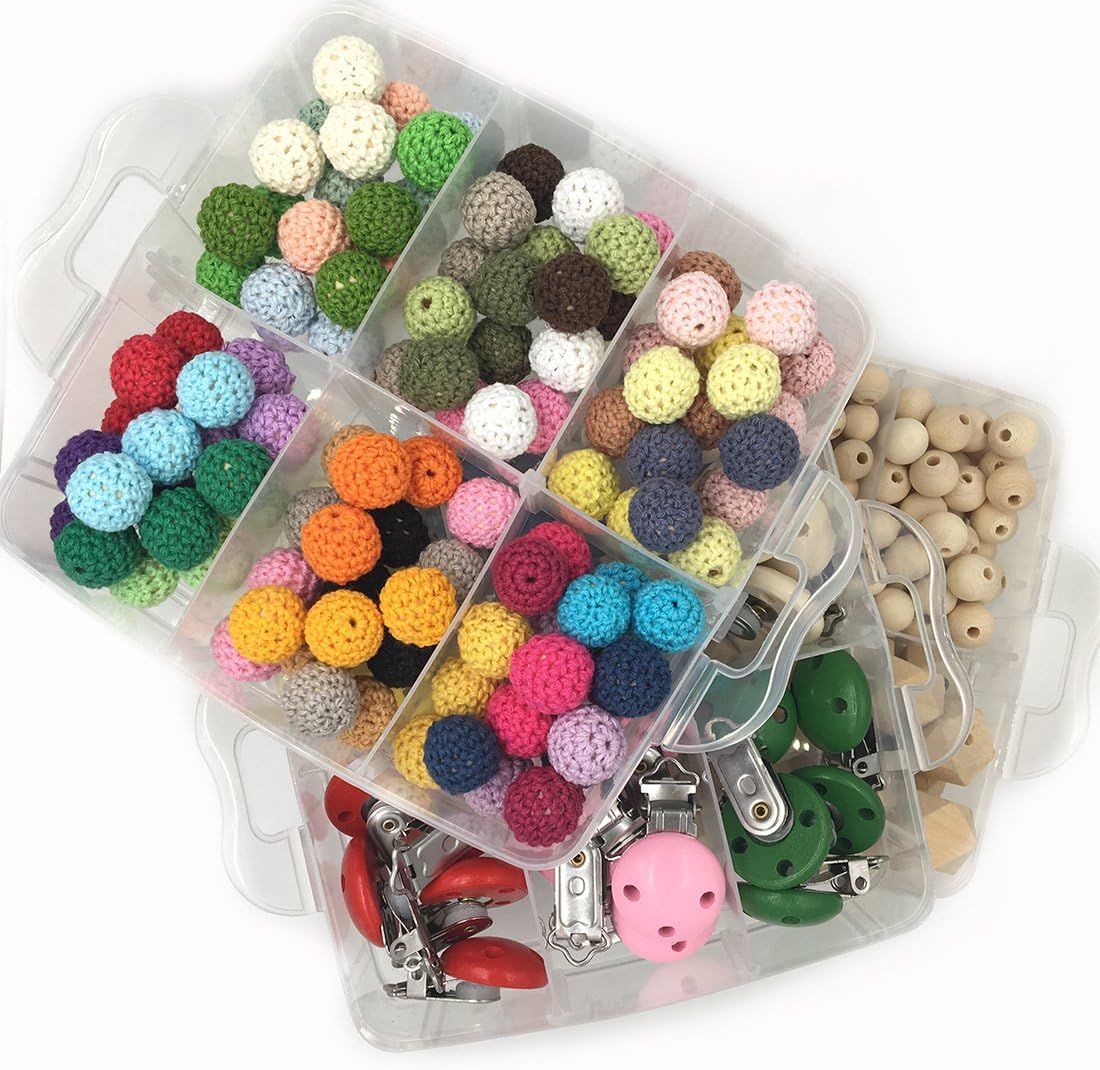 Coskiss DIY Baby Teether Toys Accessories Kit 3 Boxed Wood Hearts Spiral Beads Oblong Geometric Wood Beads And Mixed Colour 14mm(0.55inch) Crochet Beads Pacifier Clip Blending Creative Freedom For Baby Teething Necklace Decoration (A112+A116+A130)