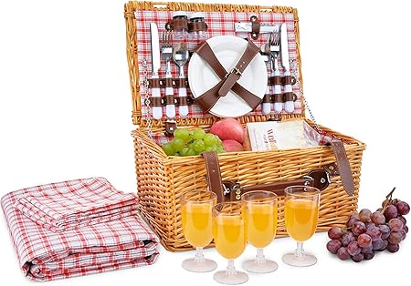 Amazon Com Picnic Basket For 4 Person Red Picnic Hamper Set Folding Picnic Blanket Picnic Table Set Picnic Plates Picnic Supplies Summer Picnic Kit Picnic Utensils Cutlery Set Flatware Garden Outdoor
