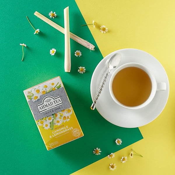 AHMAD TEA HERBAL TEA, CAMOMILE & LEMONGRASS TEABAGS, 20 CT (PACK OF 1) – DECAFFEINATED & SUGAR-FREE