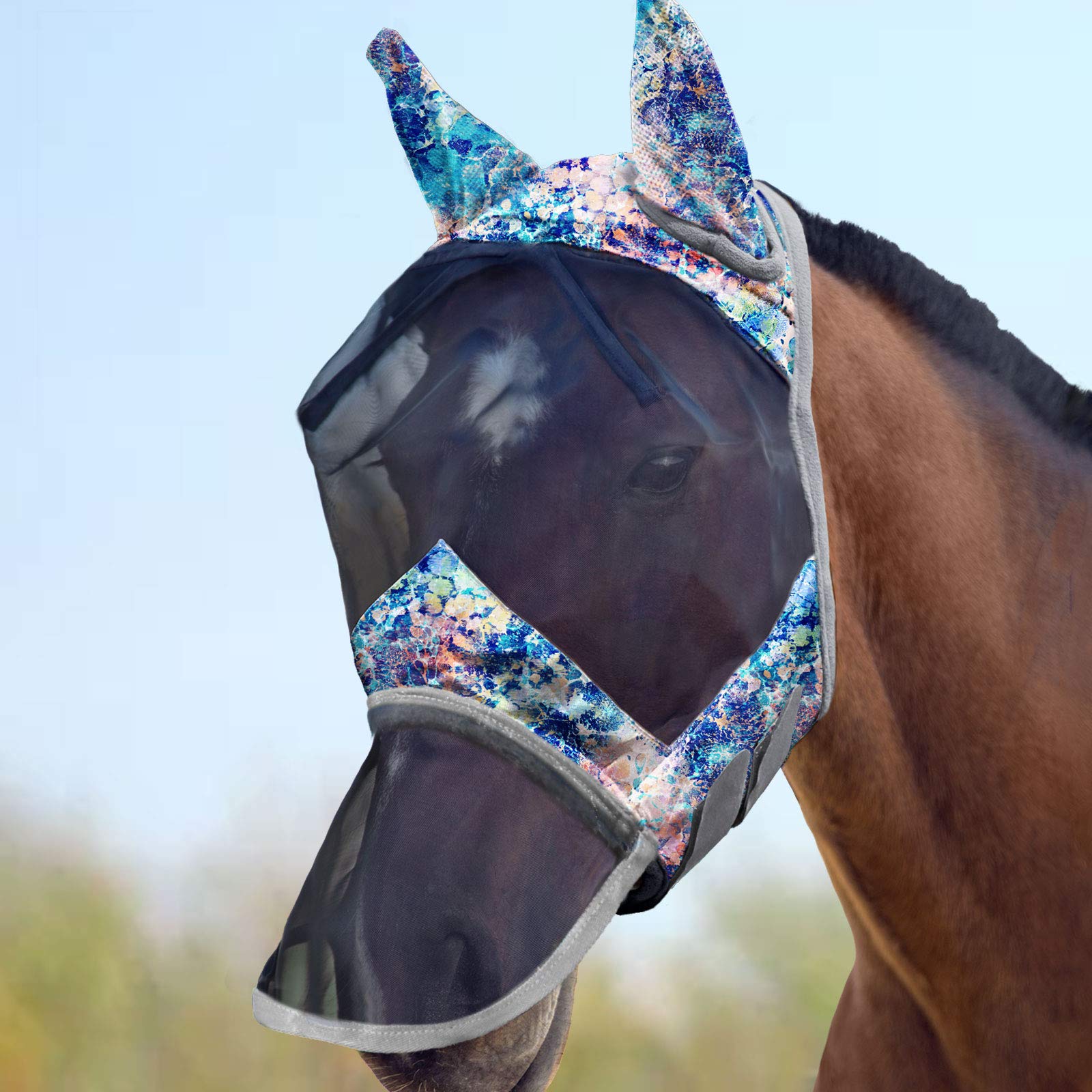 Harrison Howard LumiVista Horse Fly Mask Long Nose with Ears UV Protection for Horse-Pastel Mix Extra Full