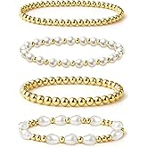 Zeffy Gold Pearl Beaded Bracelet for Women, 14K Gold Plated Jewelry Set With Paperclip Link Chain, Trendy Stack Bracelets