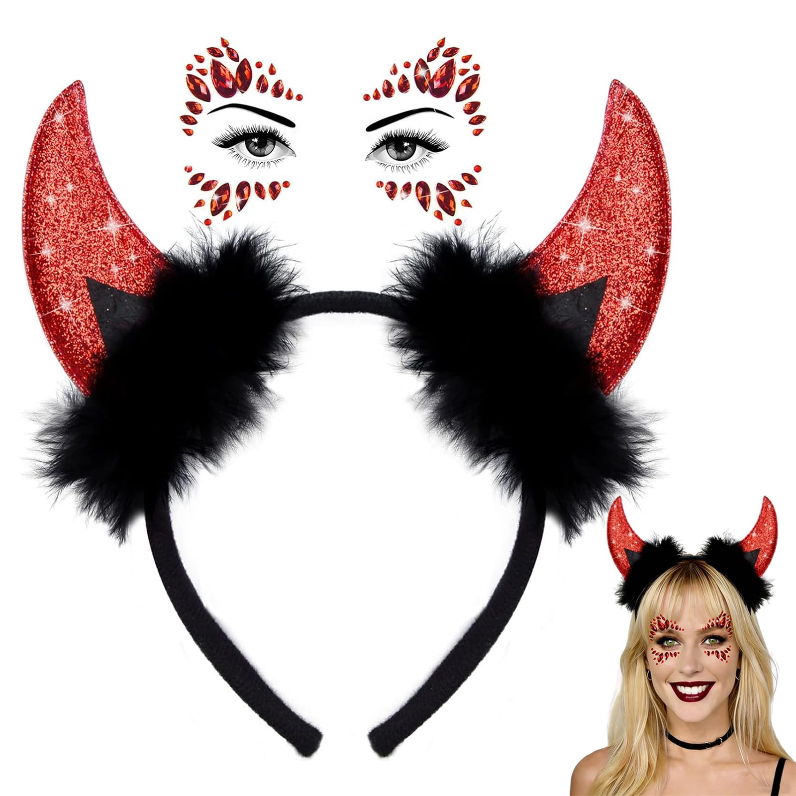 Sunwuun Women Girls Carnival Halloween Devil Horns Headband with Face Jewels Temporary Tattoos,Carnival Party Devil Costume Accessories,Devil Costume Accessories for Women Girls