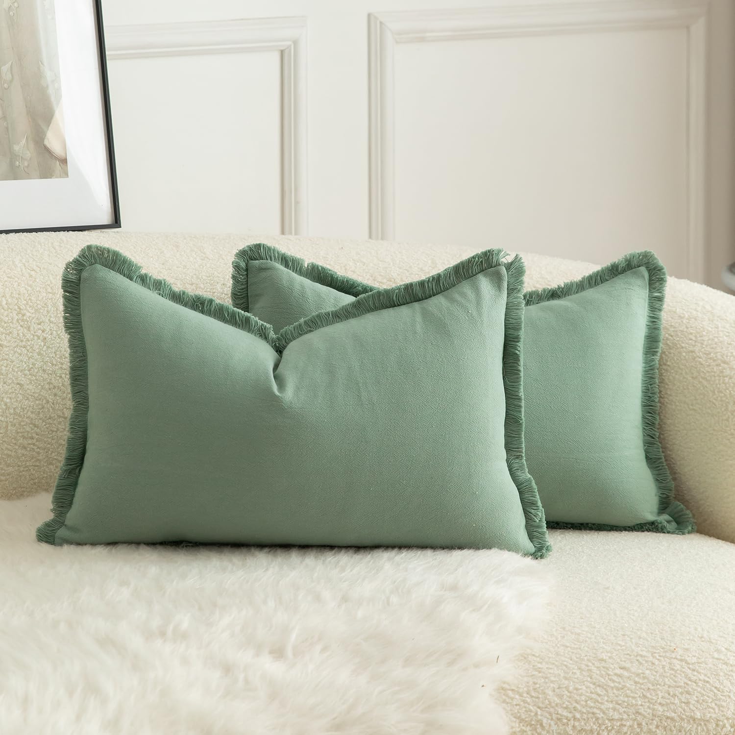 Mandioo Set of 2 Neutral Cotton Fringe Cushion Covers 30x50 cm 12x20 inch Decorative Boho Farmhouse Throw Pillowcase Cozy Tassels for Couch Sofa Bedroom Living Room Home Decor Sage Green