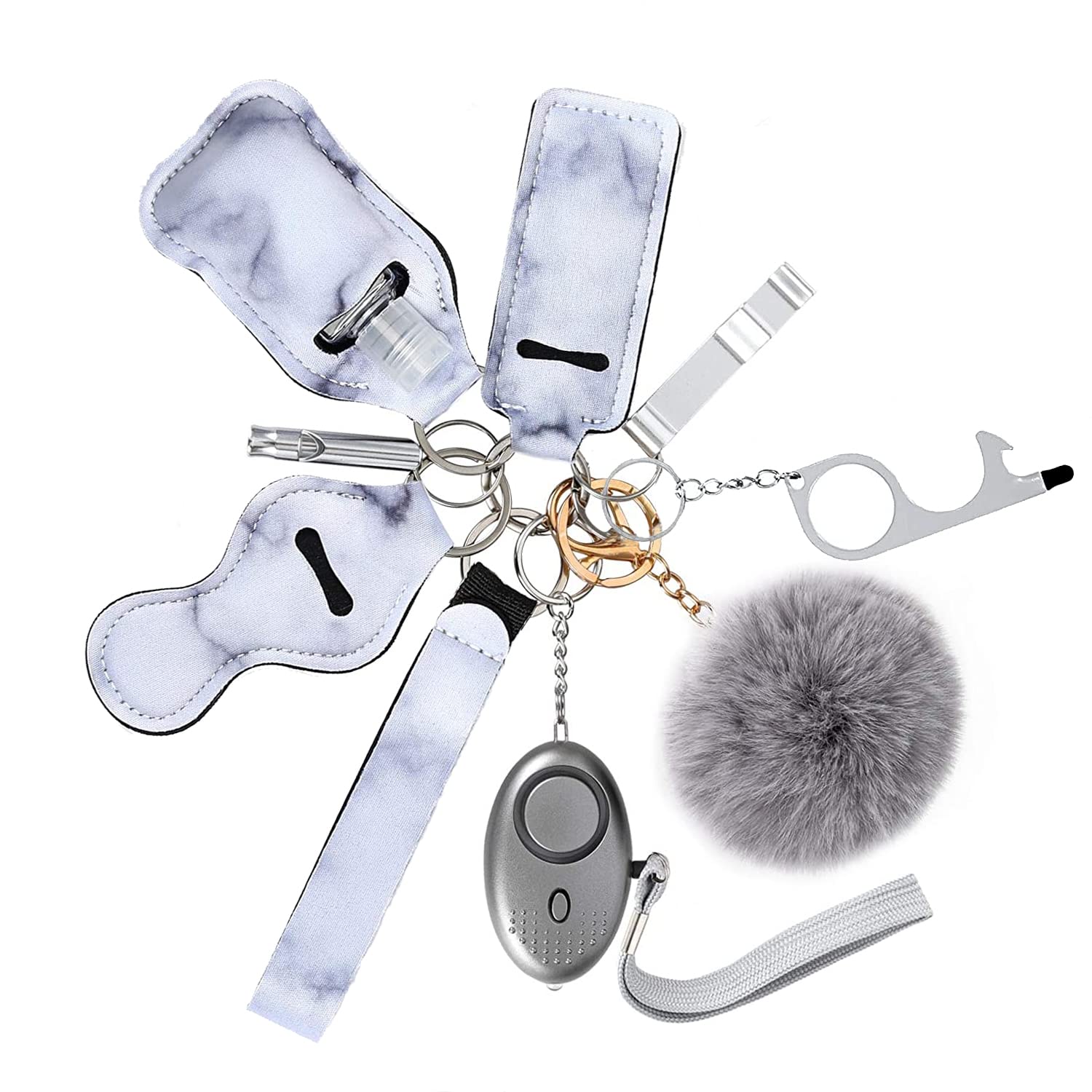 Flymind Safe Keychain Set for Girls with Personal Safety Alarm, Hand Sanitizer Holder, Whistle and Pom