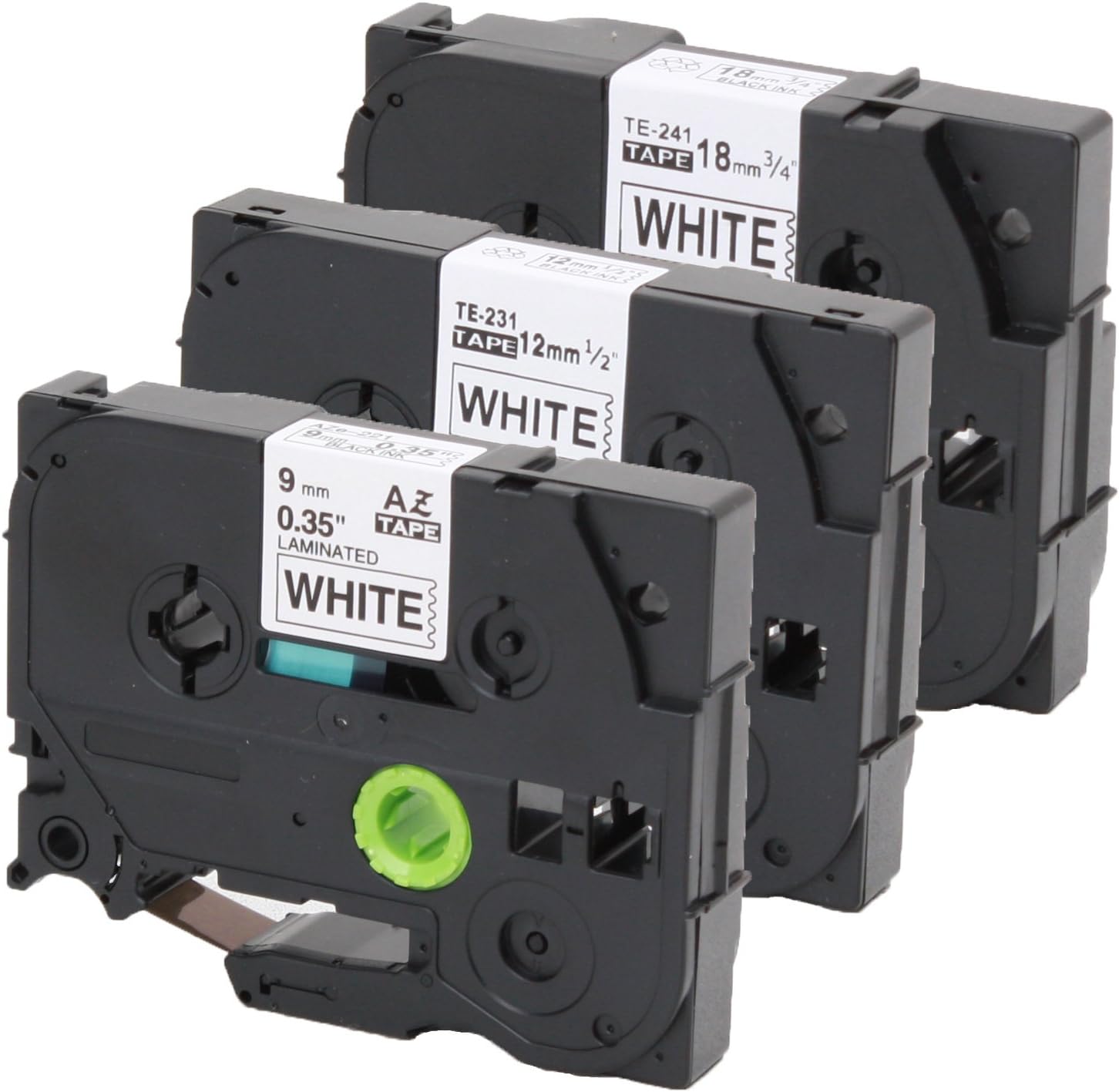 Set of 3 Label Tape Compatible with Brother TZE221 9 mm + TZe 231 12 mm + TZe 241, 18 mm for P-Touch 1000 W 1830 2730 D200 7100 2100 2030 1830 7600 VP 2430 1230 9700 PC 1090 2470 1290 1010 1080 1830 E100 P700 H75S H105