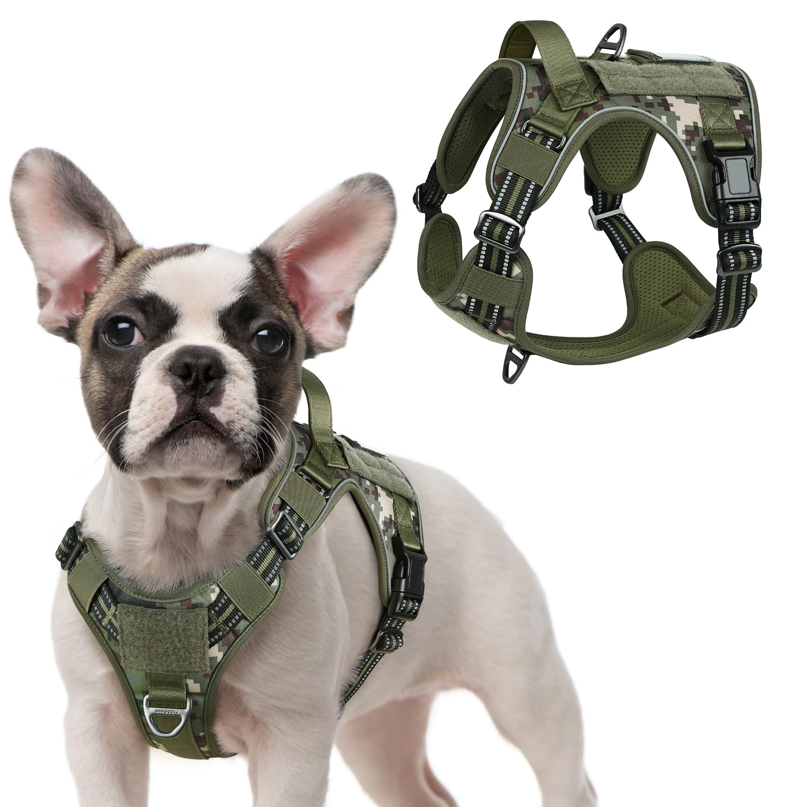 Photo 1 of rabbitgoo Tactical Dog Harness for Small Dogs, No Pull Military Service Vest with Handle & Molle, Easy Control for Training Walking, Adjustable Reflective Straps, Green camo, S