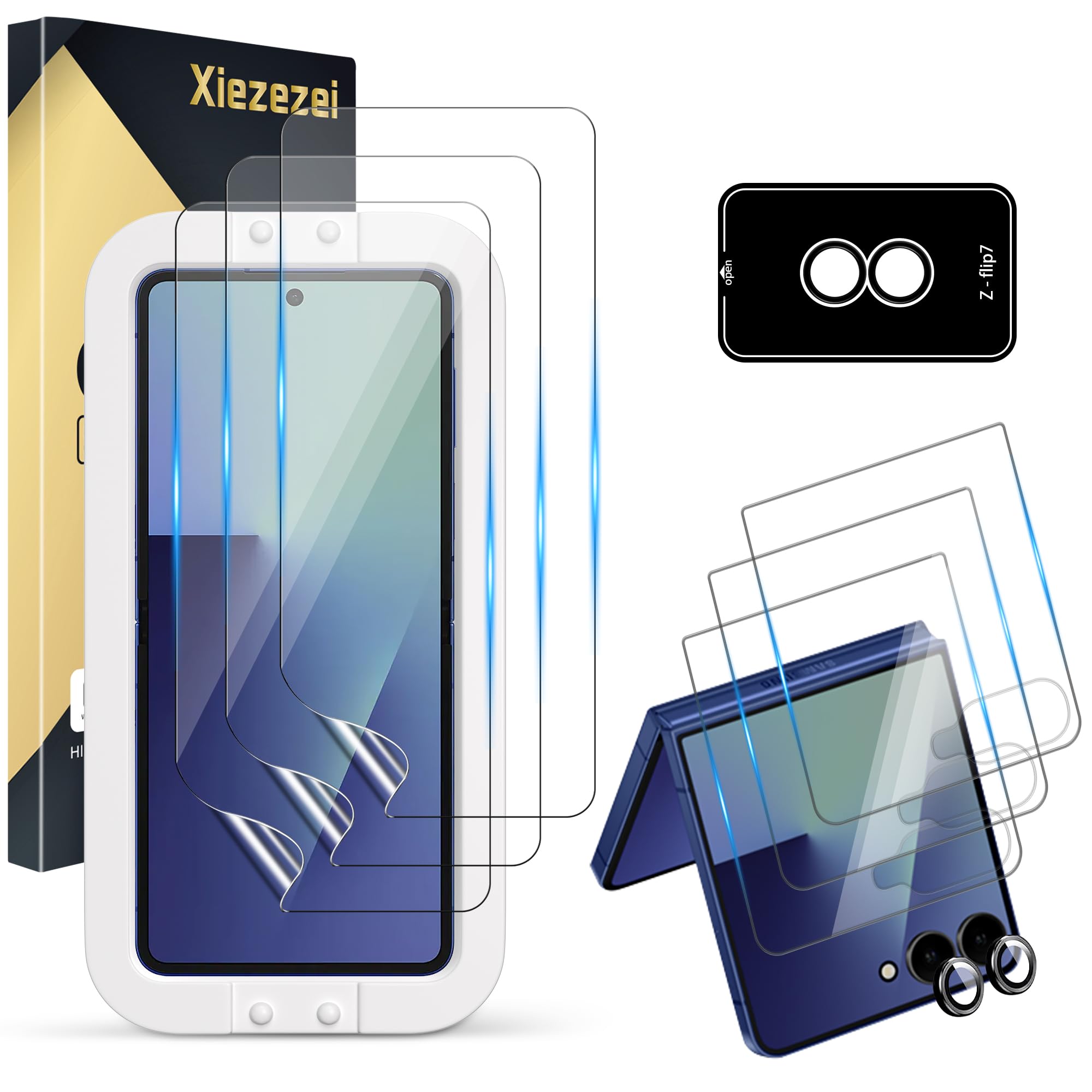 Photo 1 of [3+3+1 Pack] Screen Protector Compatible with Galaxy Z Flip 7 5G, 3 Inner TPU Film + 3 Tempered Glass + 1 Camera Lens Protectors with Alignment Tool, Easy Installation, High Clarity, Bubble Free